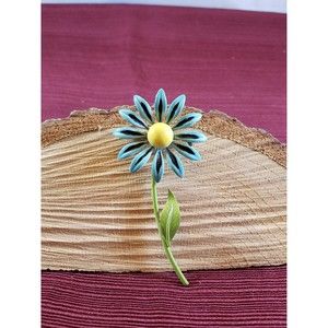Vintage Unsigned Metal Statement Brooch Pin, Single Blue Daisy Green Leaf & Stem